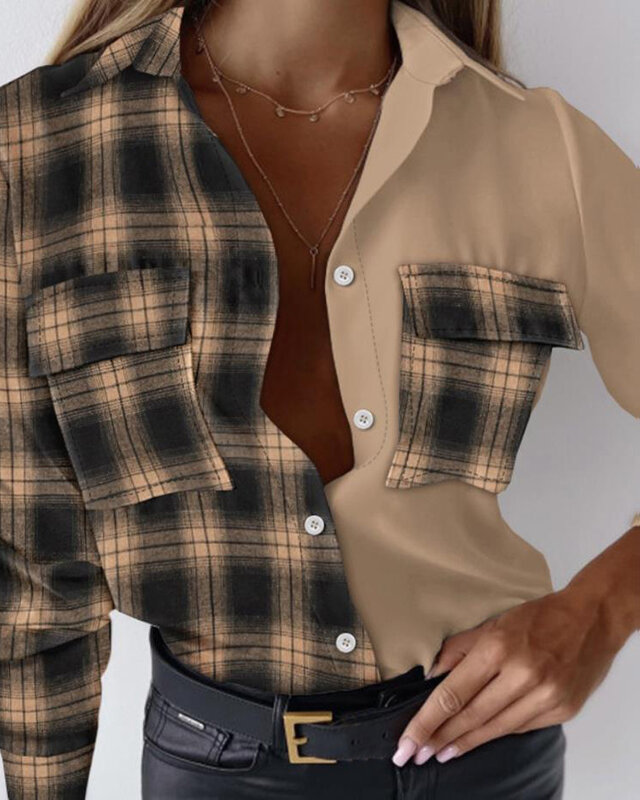Autumn Plaid Long Sleeve V-Neck Button Spliced Women's Shirts New Hot Selling 2023 Fashion Women's Wear