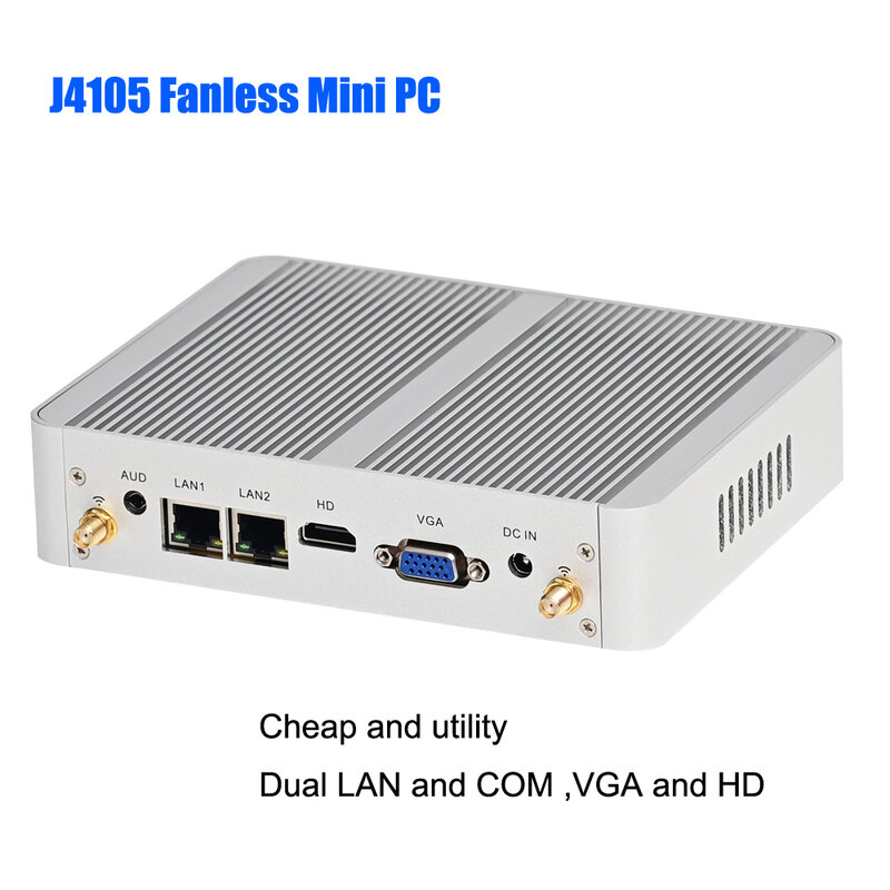J4105 четырехъядерный процессор Fanles Mini PC Lake Celeron J4105 HDMI VGA 2 * LAN Windows11 2 * RS232 COM карманный компьютер Linux Barebone