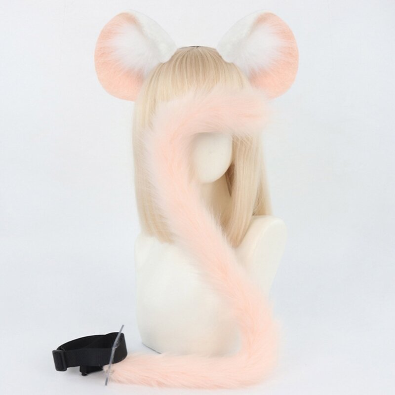 Diademas con orejas ratón felpa hechas a mano y cola pieles sintéticas para Halloween, accesorios disfraces para