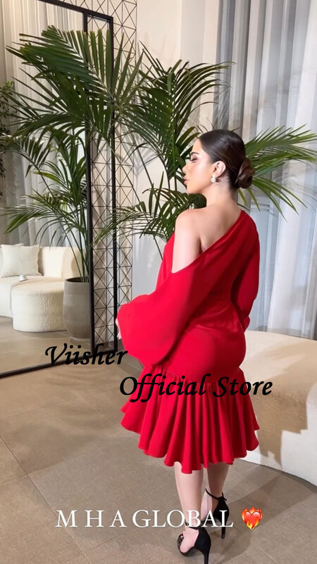 Viisher, красное женское вечернее платье с открытыми плечами, платье для гостей свадьбы из Саудовской Аравии, вечерние платья длиной ниже колена