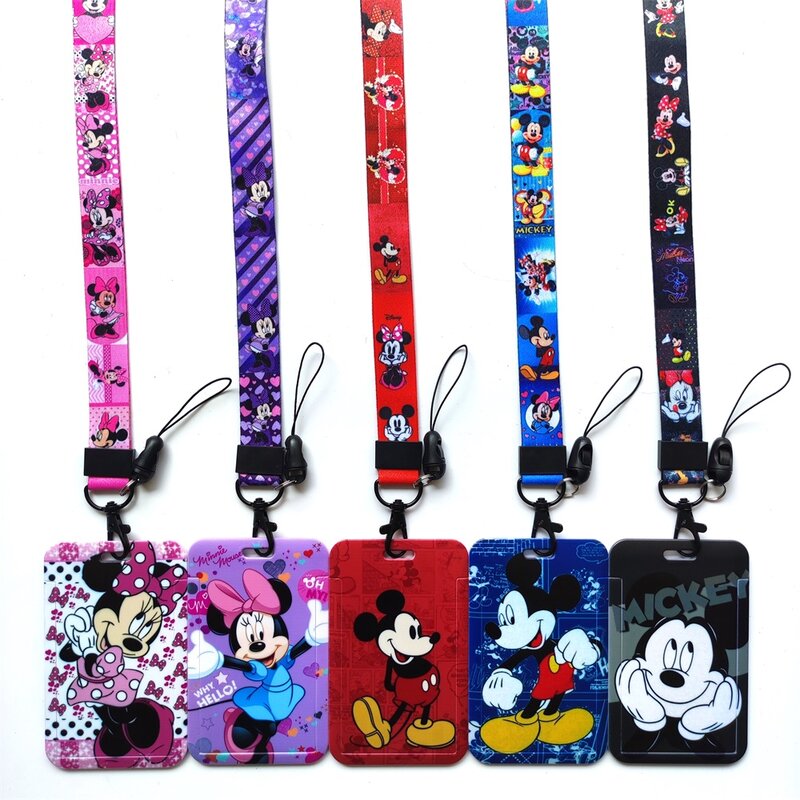 Disney-fundas de plástico duro con cordón deslizante para tarjetas de identificación, soportes para insignias, Mickey, Minnie, niños y niñas