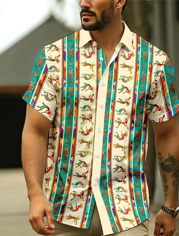 Kokopelli Tribal pakaian liburan pria, baju pantai musim panas lengan pendek berkancing Timbul 3D resor Hawaii Vintage etnik