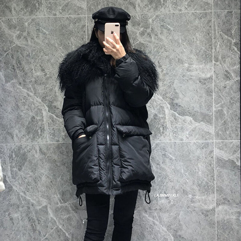 Alta-30 graus de qualidade natural pele de ovelha casaco de inverno das mulheres 90% pato branco para baixo jaqueta feminina engrossar parkas quentes