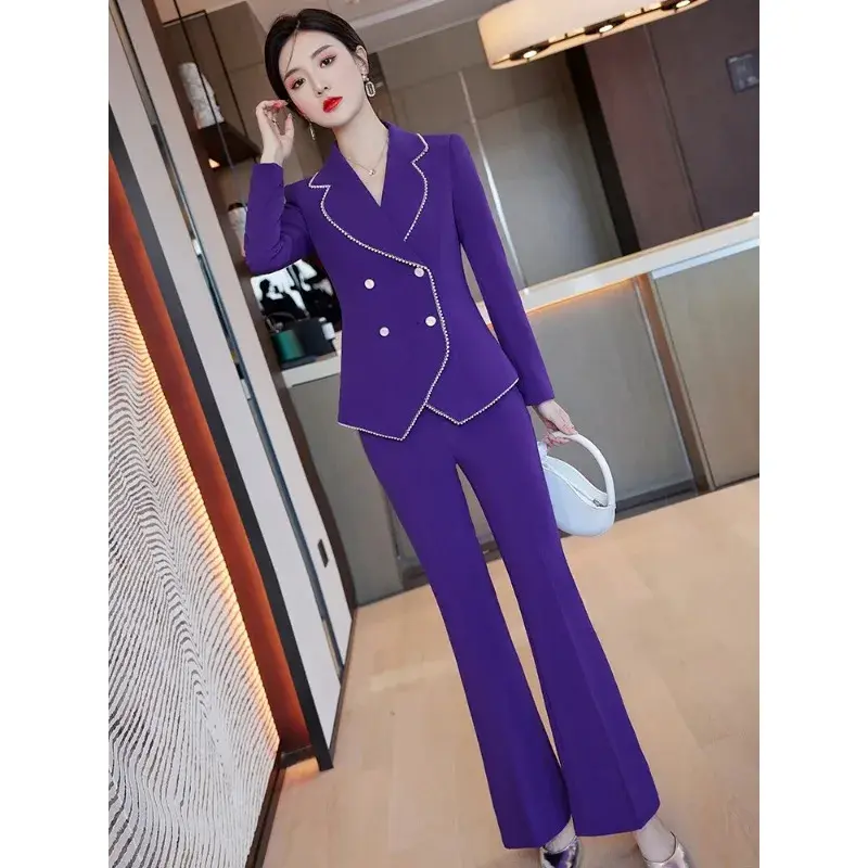 Autumn Winter Long Sleeve Women Pant Suit Ladies Formal Purple Black Business Work Wear 2 Piece Set Blazer And Trouser
