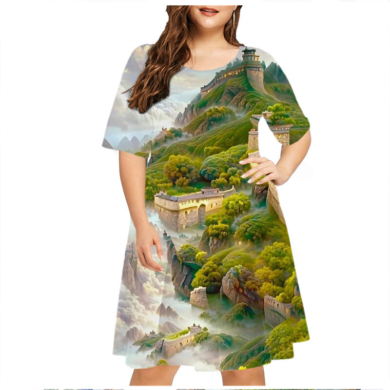 Robe d'Été à Manches Courtes pour Femme, Vêtement Décontracté, Peinture Rétro, Paysage 3D, Grande Taille 6XL, 2023