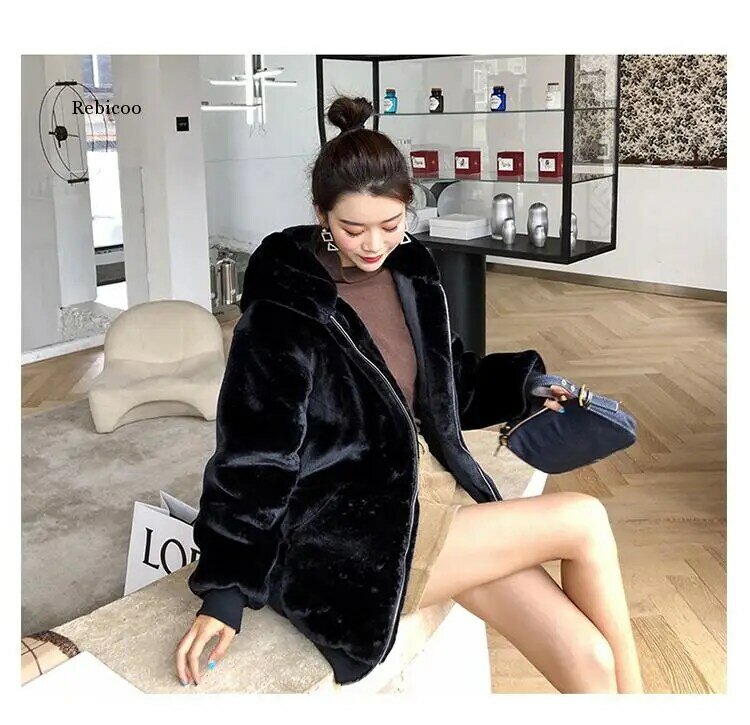 Inverno fofo quente macio branco oversized faux casaco de pele das mulheres manga longa preto zip up casaco de pele do falso casacos com capuz coreano