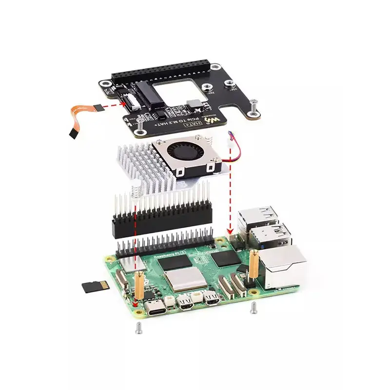 Raspberry Pi 5 PCIe to M.2 어댑터 보드, NVMe 프로토콜 M.2 솔리드 스테이트 드라이브 확장 인터페이스, RPI 5 용 지지대 액티브 쿨러