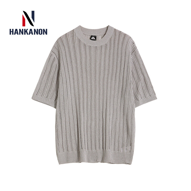 Solid Color Hollowed Out Men's Short Sleeve Knitted Sweater, 2024 High-quality Summer  Round Neck T-shirt, Breathable, Loose