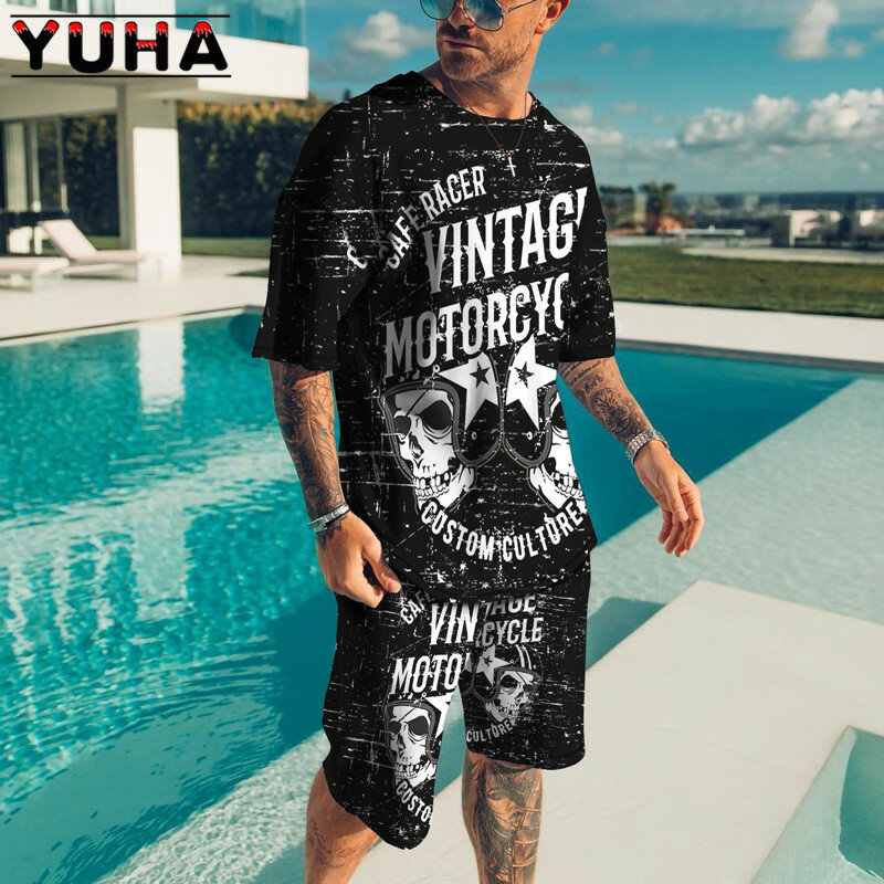 YUHA-Conjunto de camiseta y pantalones cortos para hombre, chándal informal con estampado de esqueleto horrible en 3D, traje de 2 piezas, Verano
