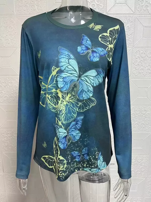 Y2k top Street women's 2024 autumn new fashionable butterfly print round neck long sleeved T-shirt top for women  YBF37-3