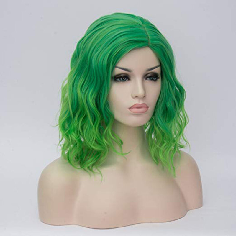 Women Green Cosplay Wig Shoulder Length Side Part Wavy Wig Synthetic Heat Resistant Hair Daily Clothing Matching Party Wigs