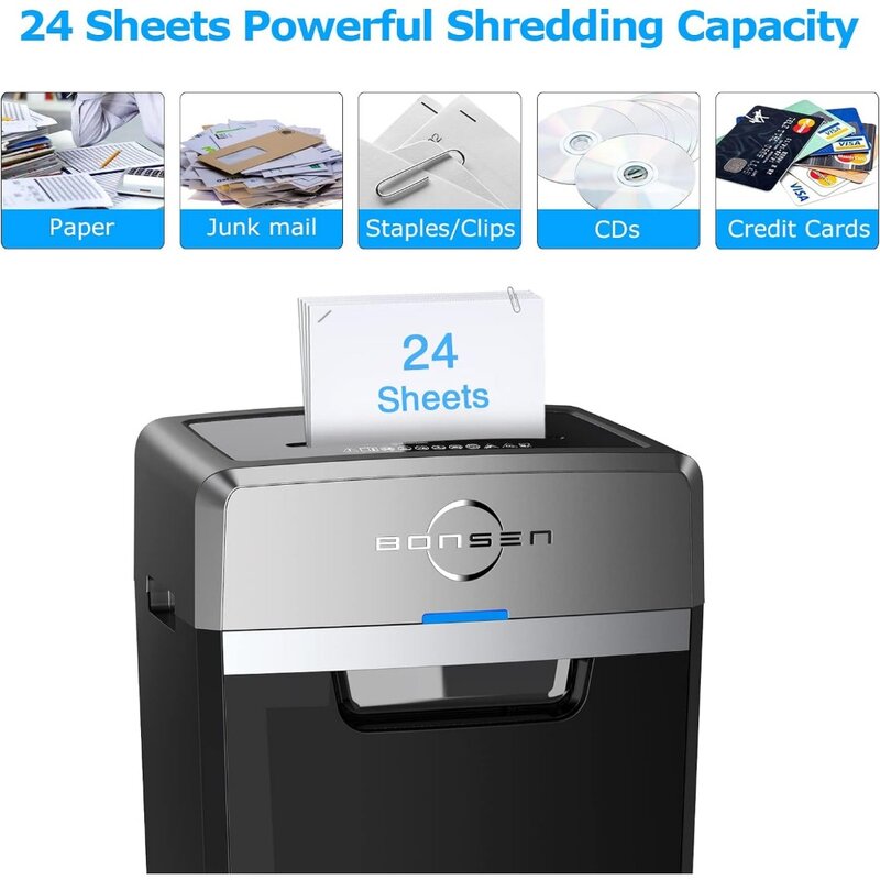 BONSEN Heavy Duty Paper Shredder, 24-Sheet Cross-Cut Shredder, 40-Min Continuous Running Time, Grade Shredder for Office