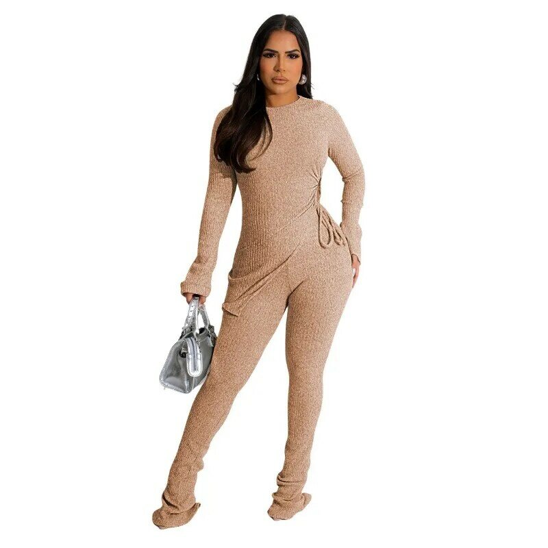 Solid Rib Knitted Two Piece Set Women O-Neck Full Sleeve Hollow Out Lace Up Split Tops High Waist Flare Pants Casual Tracksuits