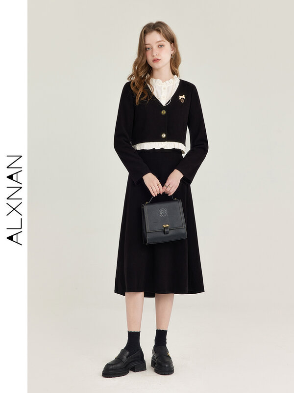 ALXNAN setelan modis Perancis wanita t0206, atasan wangi kecil elegan baru musim gugur 2024, rok hitam ramping pinggang tinggi dijual terpisah