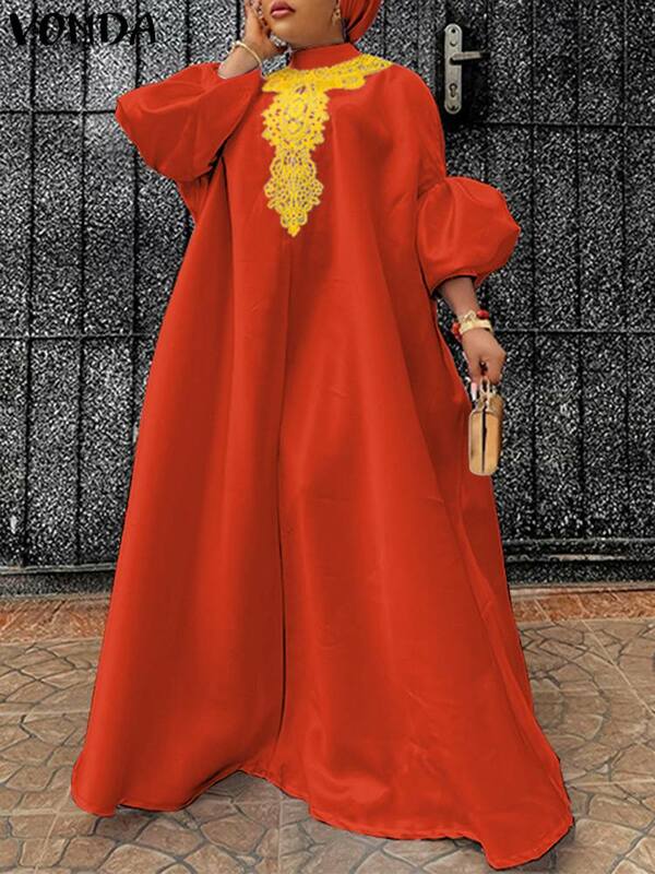 Женское платье размера плюс VONDA 2023, богемное кружевное Лоскутное Платье макси с длинным рукавом-фонариком, летнее повседневное женское платье