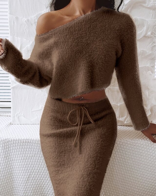 Женский Повседневный пушистый вязаный свитер с косым воротником и юбка, темпераментный осенний Модный комплект из двух предметов для женщин