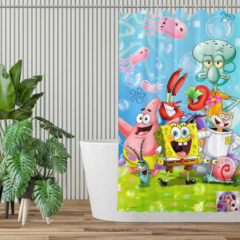 Cartoon Sponge-Board Cortina de chuveiro para banheiro, decoração estética, bonito