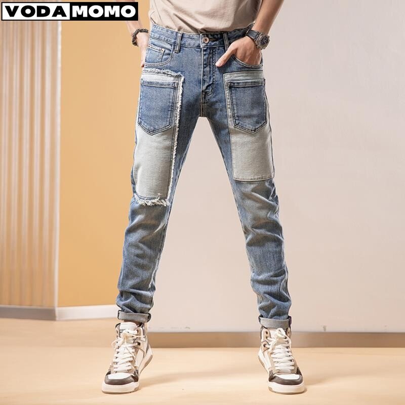 Men Trousers 2024 Autumn Winter Jeans for Men's  New Slim Fit Small Feet Hand Spliced Trendy Casual Men's Jeans Men Clothing