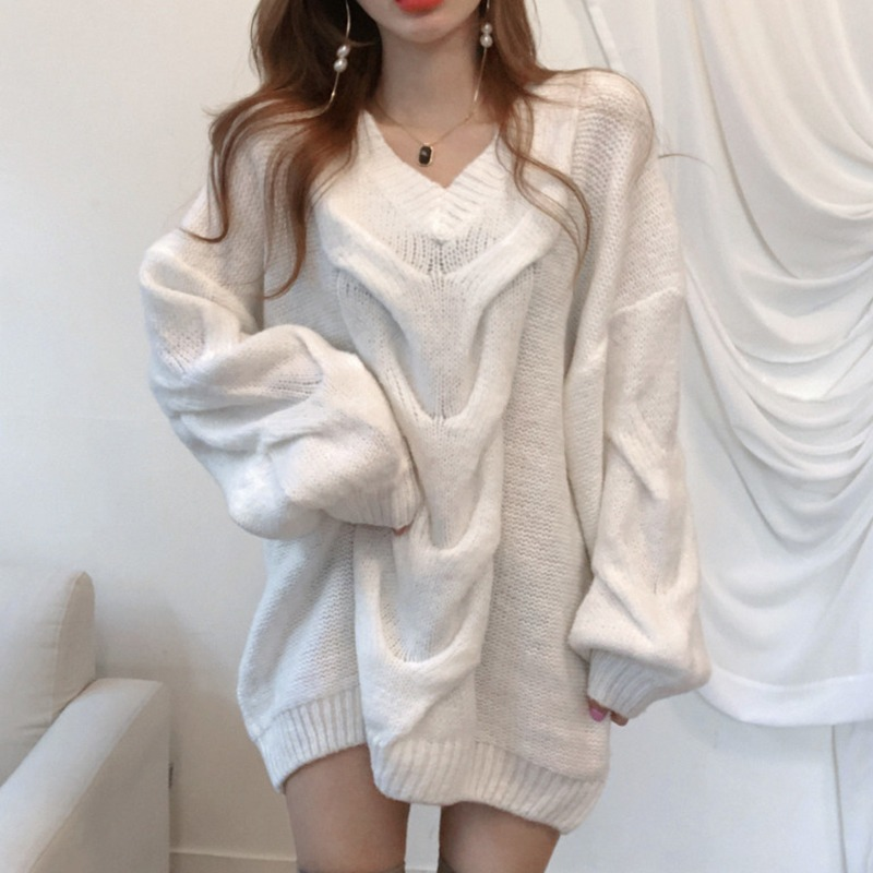 Suéter de malha com estampa de cânhamo feminino, blusa com gola v, estampa solta, casual, manga comprida, moda coreana, outono, 2022