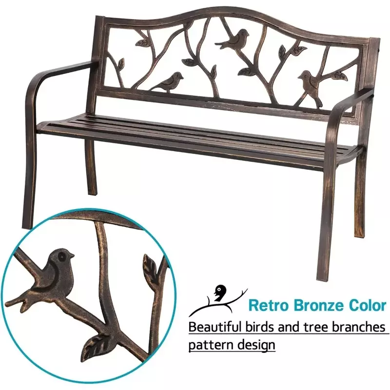 50" Outdoor Garden Bench, Metal Frame Park Bench with Bird Pattern Backrest for Porch,Lawn,Deck Bronze Patio Benches