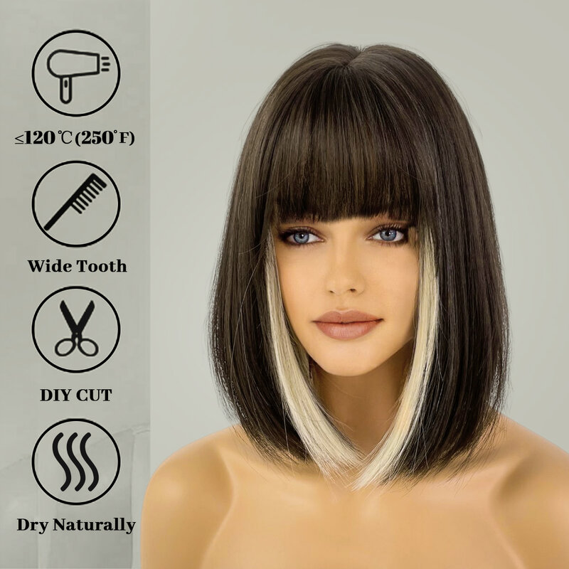Короткие прямые синтетические парики для женщин, парики черного цвета с блондинкой, с челкой, для повседневного косплея, для вечеринки, термостойкие волосы в стиле "Лолита"