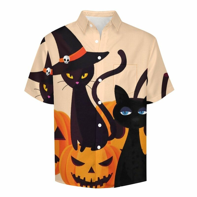 Griezelige Magie Katten Vakantie Shirt Griezelige Pompoenen Hawaii Casual Shirts Heren Mode Blouses Korte Mouwen Design Kleding Plus Size