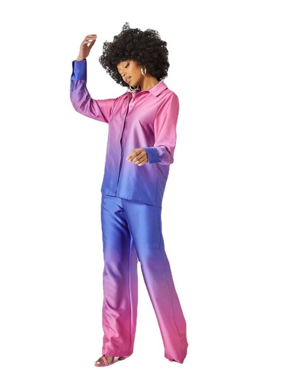 Комплект из двух предметов женский атласный с градиентным принтом, рубашка с длинным рукавом, свободные прямые брюки с высокой талией, уличная одежда, осень 2024