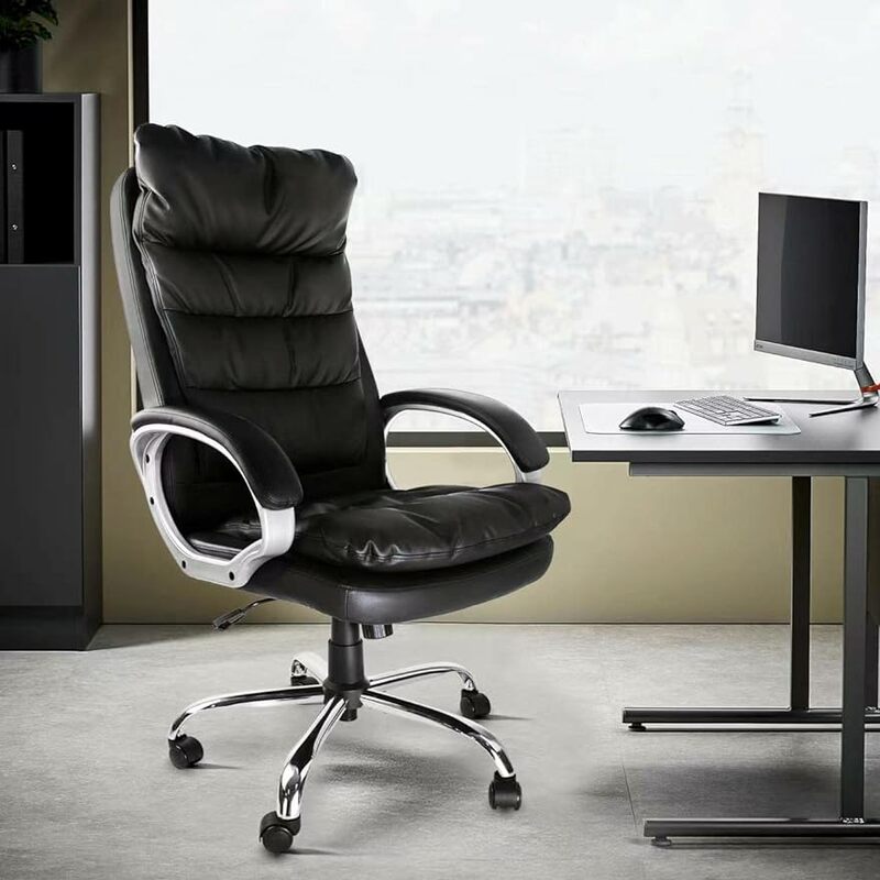 Kursi kantor kulit, kursi meja komputer punggung tinggi dengan sandaran tangan dan bantal tebal, Tas putar eksekutif dapat disesuaikan