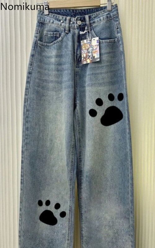 Słodkie modne dżinsy z wysokim stanem z nadrukiem koreańskie spodnie z szerokimi nogawkami Y2k dla kobiet w stylu Vintage proste spodnie jeansowe Pantalon Femme