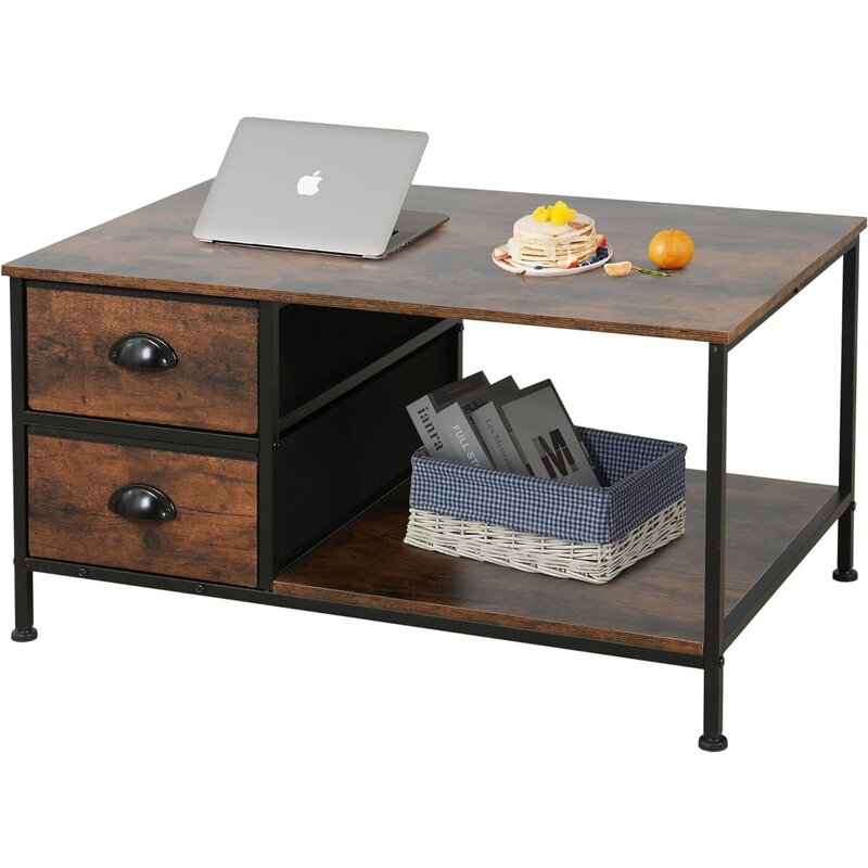 미국 소형 다크 브라운 직사각형 목재 및 금속 커피 테이블, 작은 거실용 보관 선반 포함