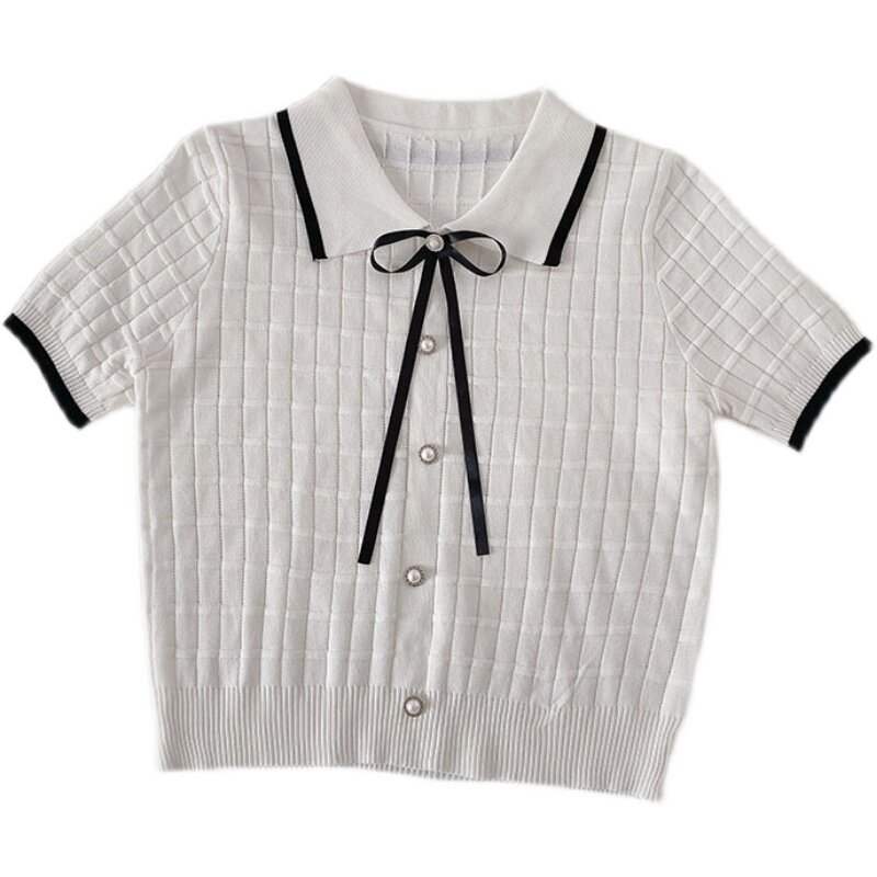 Pull en tricot rétro avec nœud et perle pour femme, haut court, motif à carreaux, style coréen, design, début de l'automne 2024