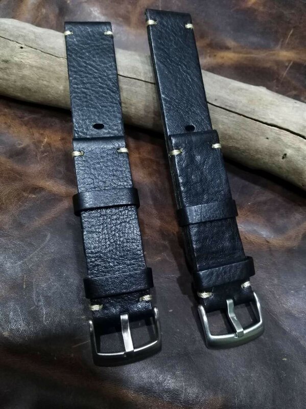 Bracelet en cuir de veau italien fait à la main, bracelet de montre en cuir de style rétro, montre militaire pour homme, montre de sport noire, première couche, 20mm, 22mm