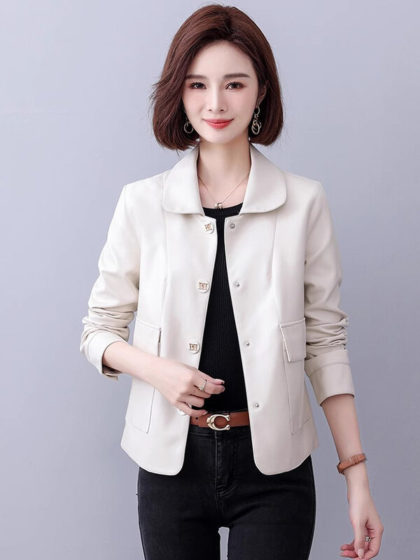 New Women Sweet Leather Jacket Spring Autumn Fashion Turn-down Collar Single Breasted Short Coat Split Leather Casual Jacket