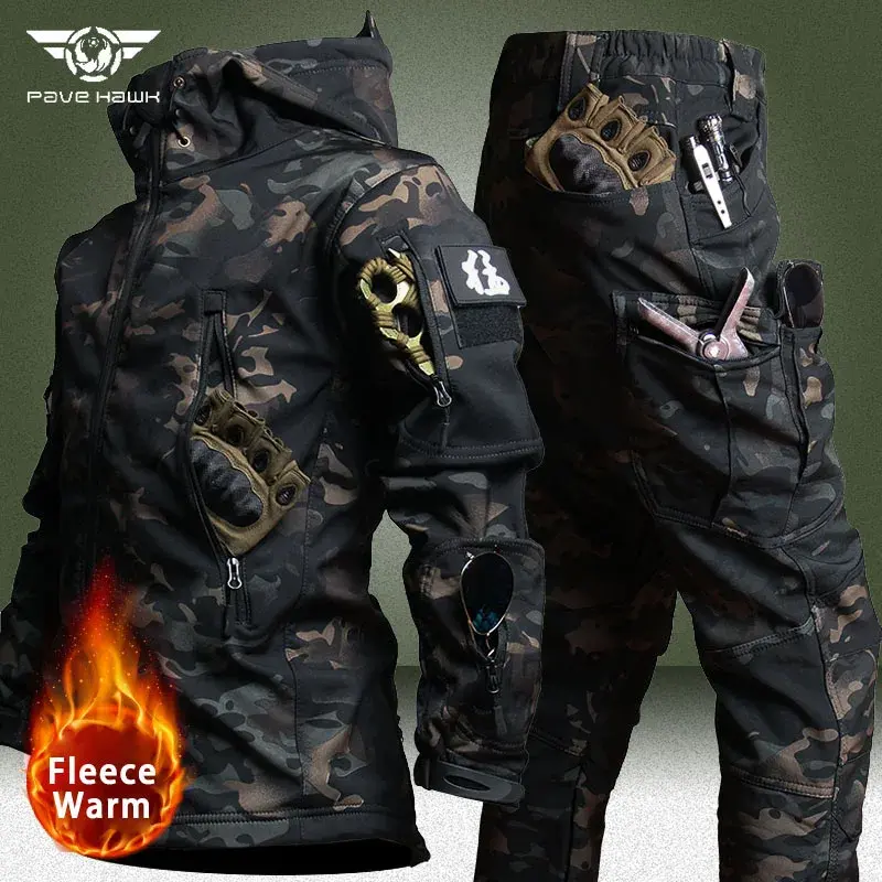 카모 밀리터리 플리스 따뜻한 세트 겨울 상어 피부 소프트 쉘 전술 재킷 및 육군 카고 바지, 야외 멀티 포켓 방수 세트