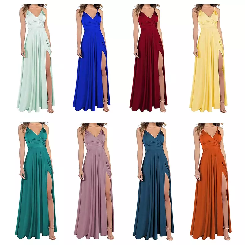 GDYBAO Women's A-Line Bridesmaid Dresses for Wedding Formal Satin Spaghetti Strap Prom Dress Long Side Split Evening Gowns