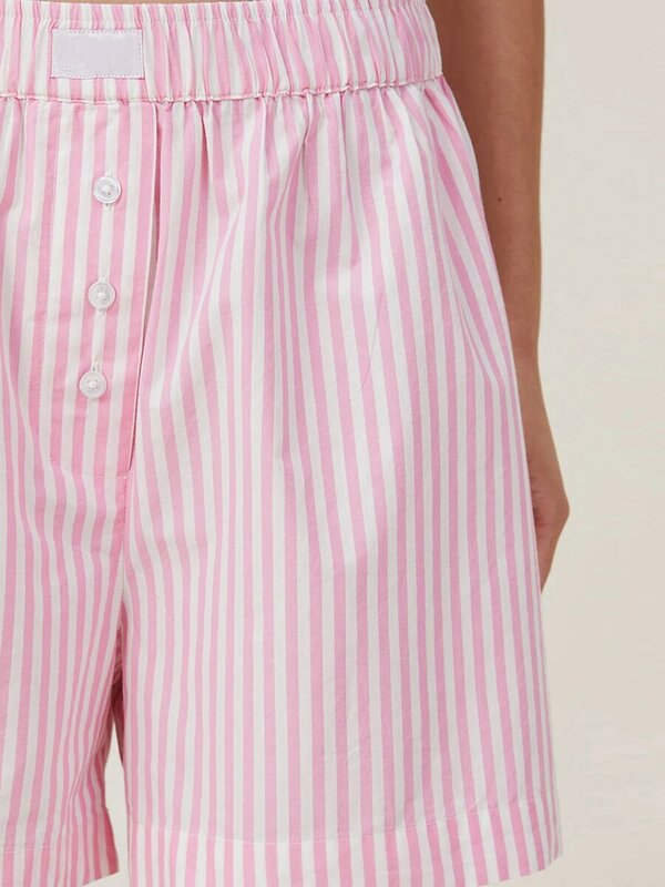 Pantalones cortos con estampado a rayas para mujer, Shorts holgados con cintura elástica y decoración de botones, con bolsillo trasero, informales, para verano