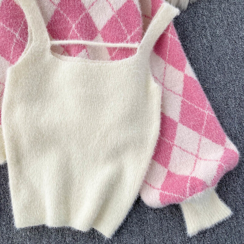 Casualowy damski dzianinowy 2-częściowy zestaw 2024 Nowa jesienna moda Dopasowany kolorystycznie sweter z długim rękawem z dzianiny Camis Top