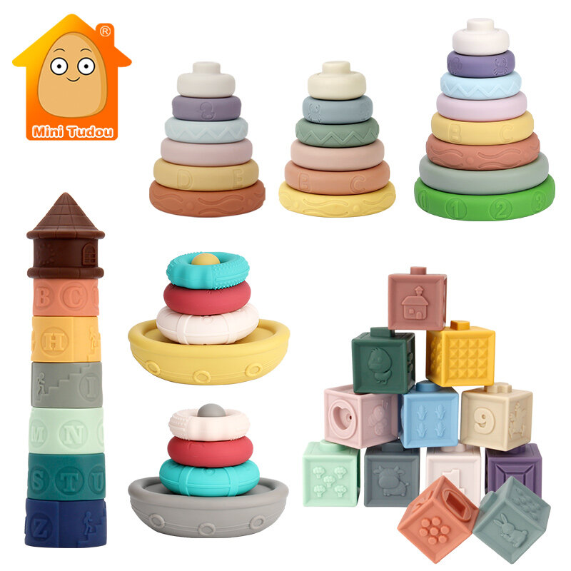 Soft Silicone Sensory Building Blocks para bebês, 3D, educacional, empilhamento, borracha, mordedor, Squeeze Circle Toys for Infants