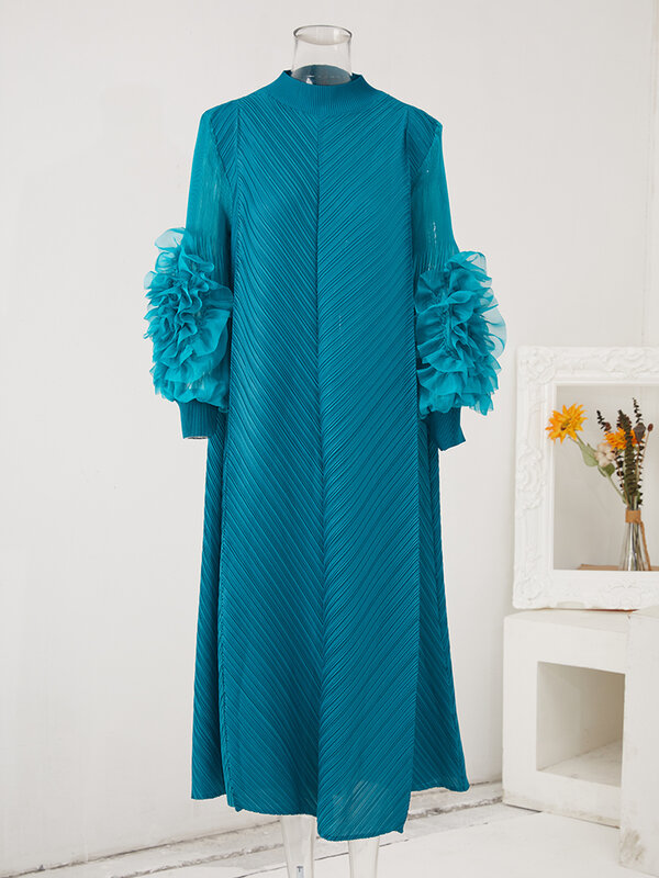 LANMREM Maxi plisowana sukienka wokół szyi łączone grzyb sukienki z pełnym rękawem dla kobiet 2024 nowa odzież wiosenna 2Qa1331