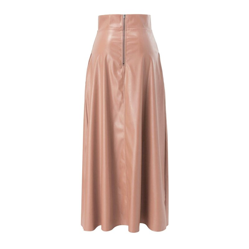 Women High Waist Faux Solid Color Leather Skirt High Slit Flared Swing Irregular Elegant And Pretty Women'S Long Skirt Faldas