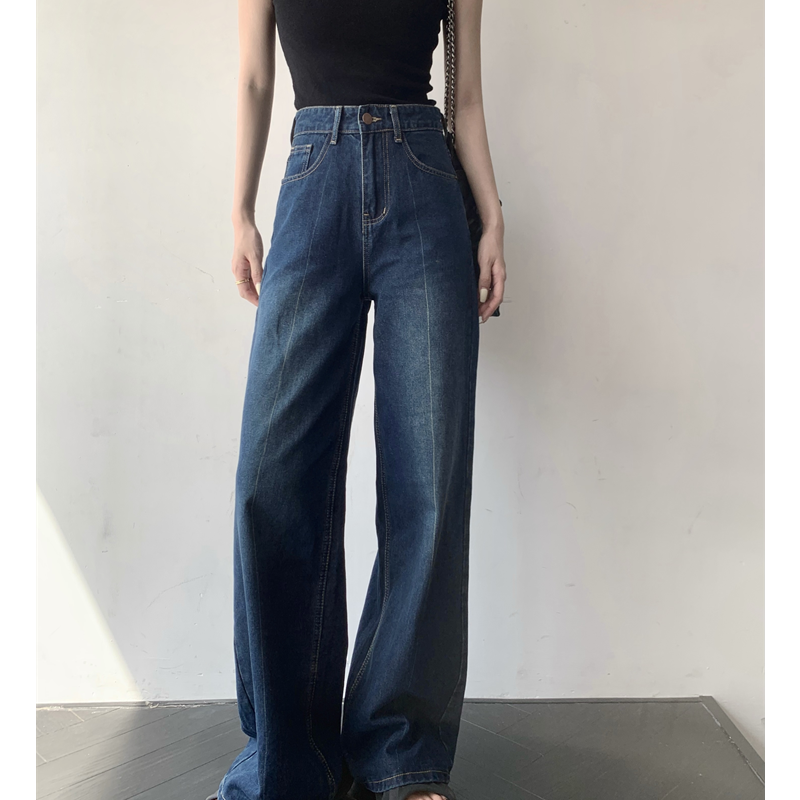Roupas femininas Jeans Primavera Verão 2023 Retro Azul Elegante Casual Calças de Perna Larga Cintura Alta Baggy Fitting Emagrecimento Mop Jean