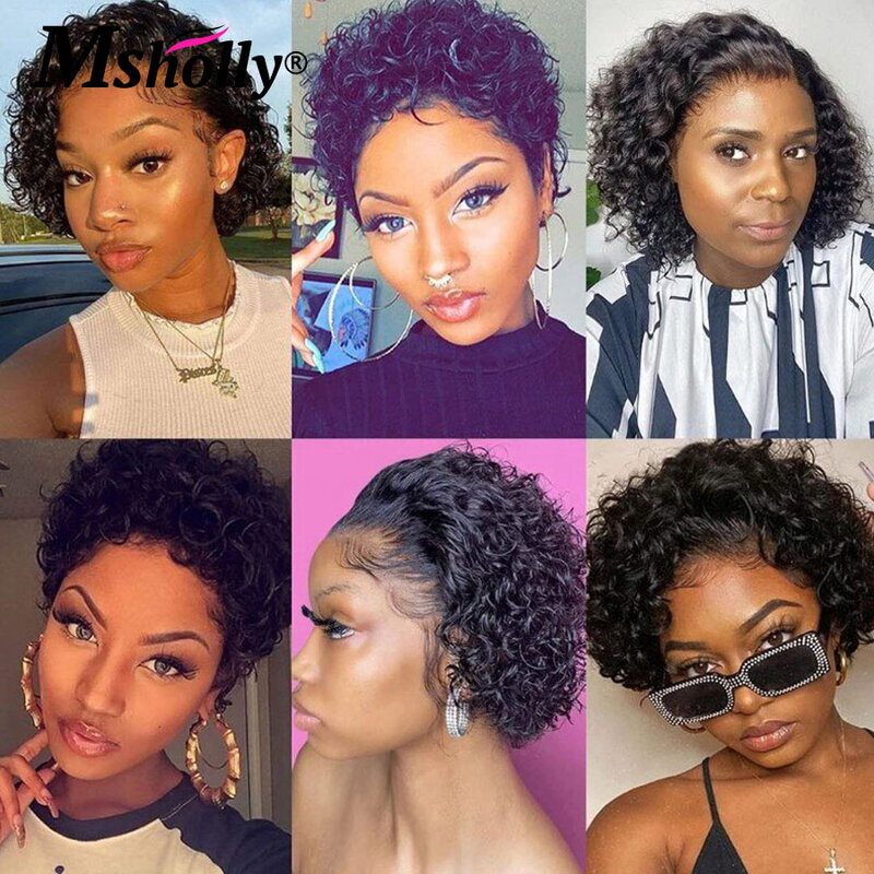 Glueless Pixie Cut Black Color Curly Human Hair Wig For Women 13x1 HD Lace Frontal Wig Short Bob Natural Hairline Water Wave Wig