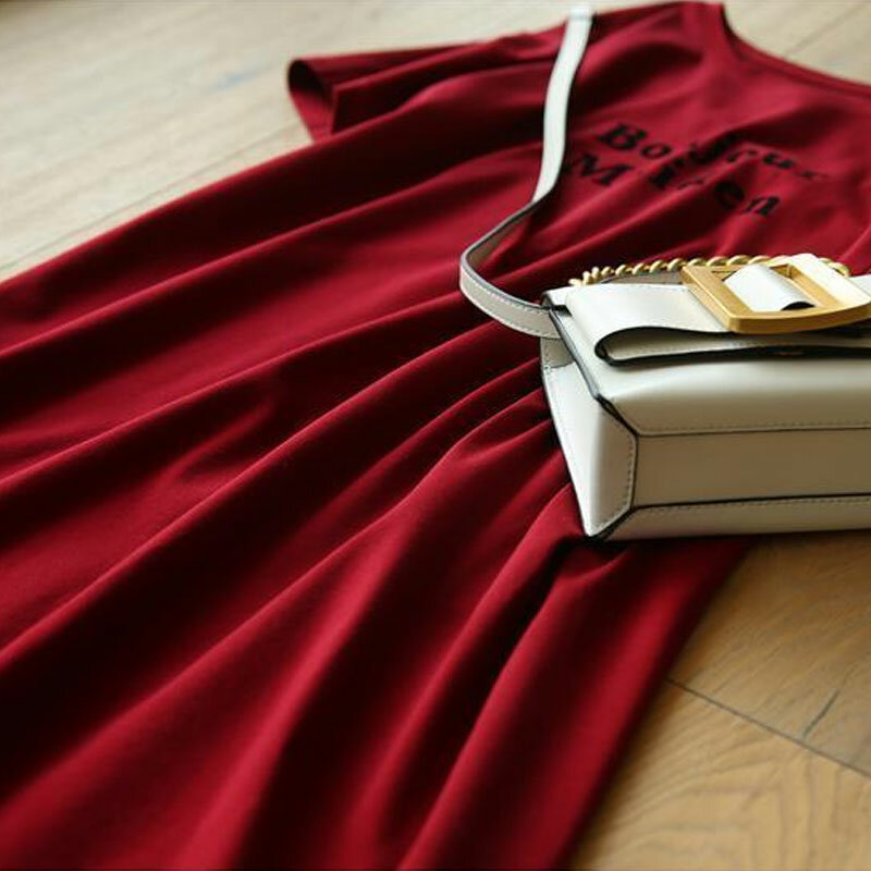레터 프린트 기본 라운드넥 캐주얼 반팔 드레스, 한국 A라인 미디 원피스 출퇴근 여성복, 여름 신상