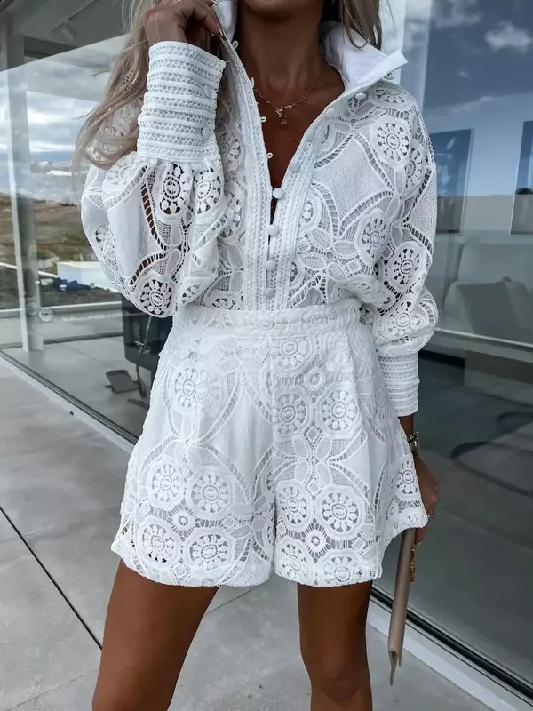 2024 Summer New Fashion Casual Style Solid Color Single Breasted Stand Collar Lace Shorts Set Temperament Charm  Sleepwear