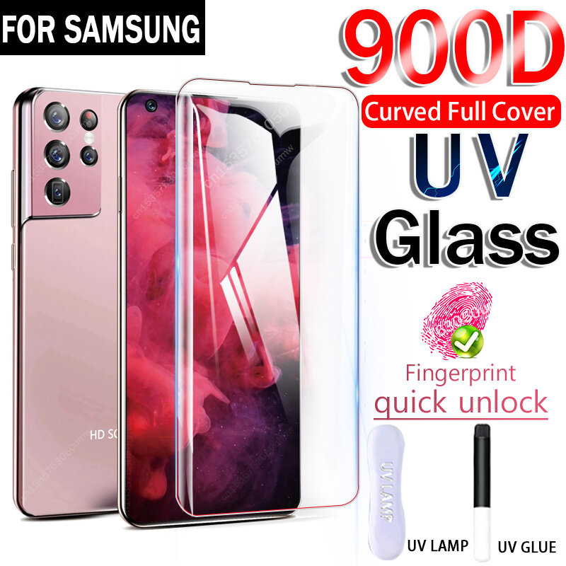 900D กระจกเทมเปอร์ UV HD สำหรับ Samsung Galaxy, S22 S21 S23 S24ฟิล์มกันรอยหน้าจออัลตร้าพลัส FE สำหรับ Note 20 10 9 S9 8 S10 E Lite 5g