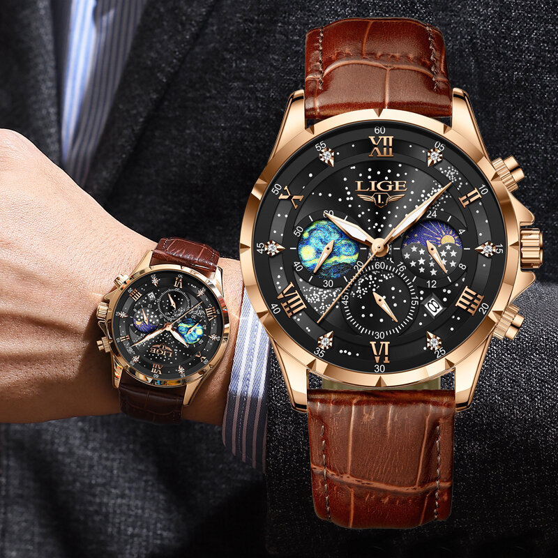 LIGE-Relógio de pulso de quartzo de couro masculino, impermeável, luminoso, marca top, luxo, grande, moda, caixa, novo