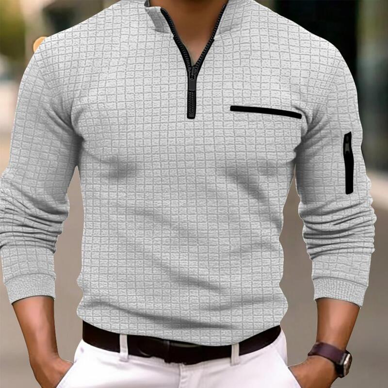 Camisa de manga larga con cuello levantado para hombre, camiseta informal con bolsillo y cremallera, Color Patchwork, a la moda