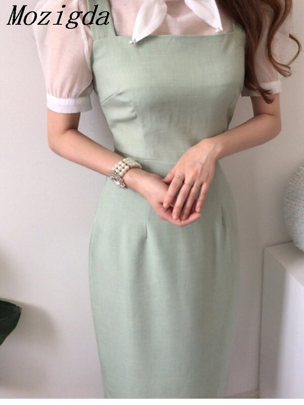 Dwuczęściowa sukienka damska z kokardą w koreańskim stylu See Through Ladies Shirts Slim Fashion Woman Sleeveless Slip Midi Dress