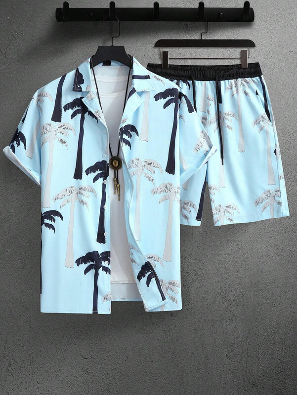 夏の男性と女性の半袖シャツセット熱帯植物ヤシの木プリントファッションラペルボタントップショーツ