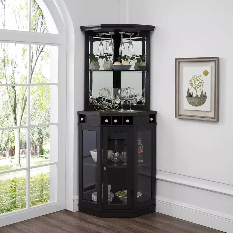Armario de bar de vino con dos estantes de vidrio, estante de vino incorporado, almacenamiento para sala de estar, oficina en casa, cocina, espacio pequeño
